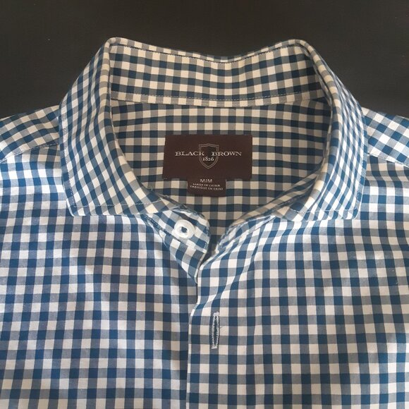 Black Brown 1826 SZ M Navy & White Gingham 100% Cotton Men's Button Up Shirt - Picture 6 of 12